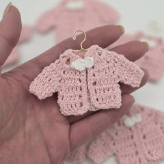 Tiny Crochet Baby Girl Party Gifts - Crochet Party Favors - Pink Mini Cardigans with White Bow Ties - Hanger & Rack Options - Handmade