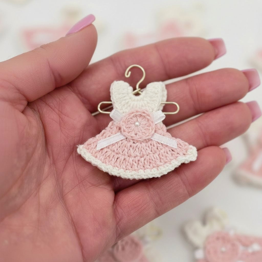Set of 6 Mini Crochet Dress Party Gift | Unique Baby Shower Party Favor & Keepsake | Handmade Tiny Dress Decor with Hangers & Rack