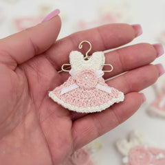 Set of 6 Mini Crochet Dress Party Gift | Unique Baby Shower Party Favor & Keepsake | Handmade Tiny Dress Decor with Hangers & Rack