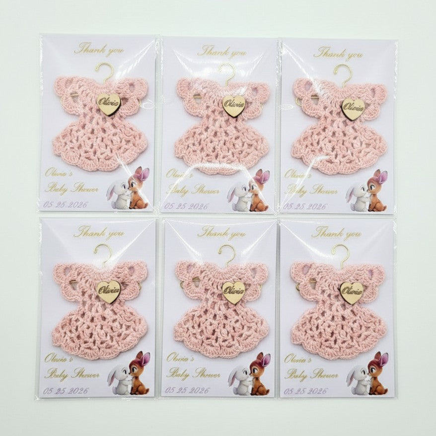 Set of 6 Personalized Baby Shower Party Gift - Custom Crochet Dress Favors with Engraved Heart & Event Date Card