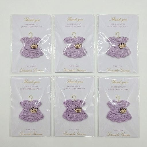 Personalized Party Gift: 6pc Lilac Crochet Quinceañera Favors - Custom Name Crown Charm & Gold Hanger Personalized Party Favor