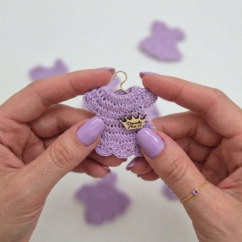 Personalized Party Gift: 6pc Lilac Crochet Quinceañera Favors - Custom Name Crown Charm & Gold Hanger Personalized Party Favor