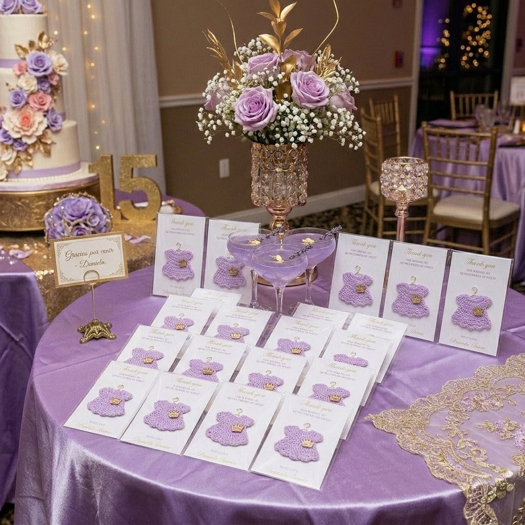 Personalized Party Gift: 6pc Lilac Crochet Quinceañera Favors - Custom Name Crown Charm & Gold Hanger Personalized Party Favor