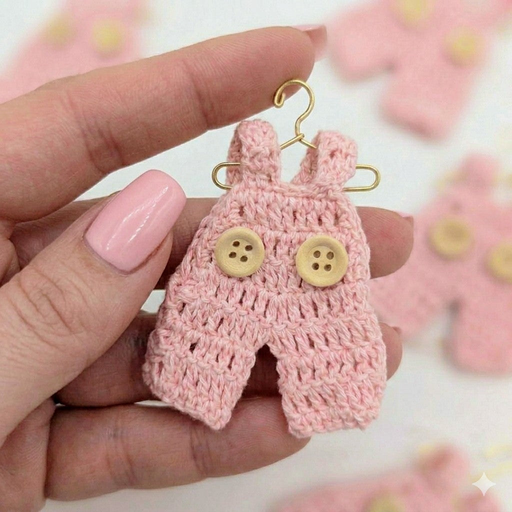 Mini Crochet Pink Overalls Set of 6 Party Gifts - Tiny Pink Party Favor for Baby Showers & Birthdays! Mini Crochet with Tiny Hangers