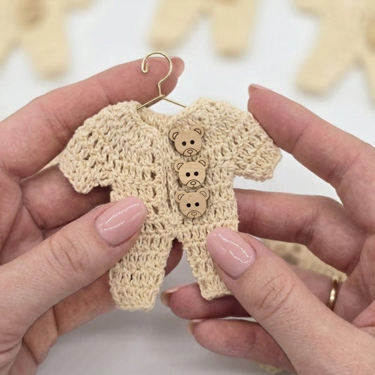Handmade Cream Crochet Teddy Bear Party Gift - 3" Mini Crochet Party Favor Set of 6 with Wood Engraved Charms & Gold Display Option