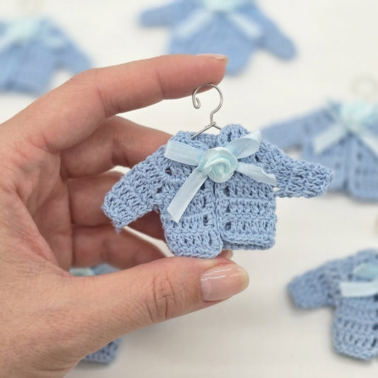 Handmade Tiny Crochet Baby Blue Jacket Party Gift - Mini Cardigan Party Favors for Baby Shower, Baptism & Reveal (Set of 6)