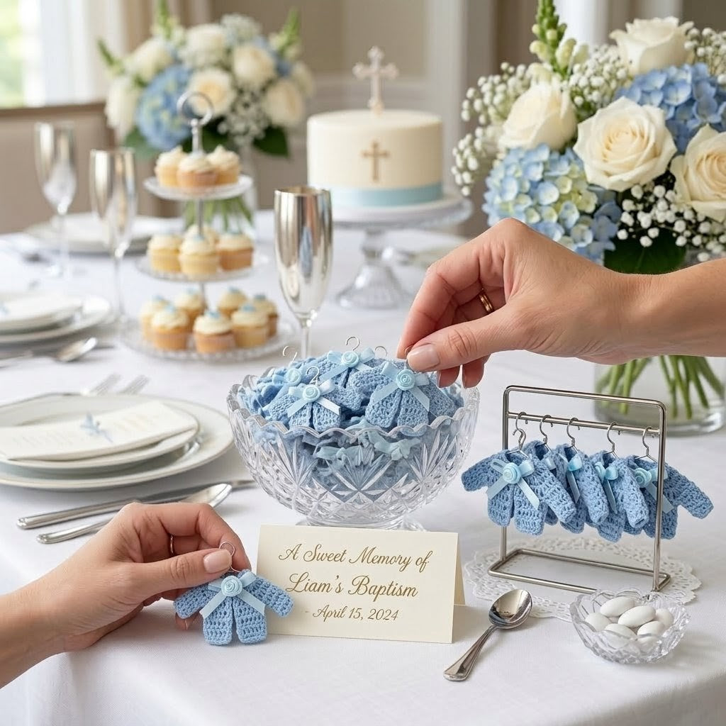 Handmade Tiny Crochet Baby Blue Jacket Party Gift - Mini Cardigan Party Favors for Baby Shower, Baptism & Reveal (Set of 6)
