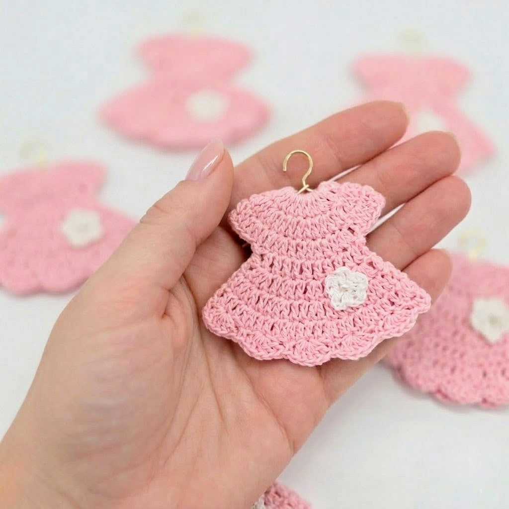 Mini Crochet Baby Pink Dress Party Favor Set of 6 | Unique Handmade Baby Shower Party Gift & Decor with Optional Gold Hangers & Rack