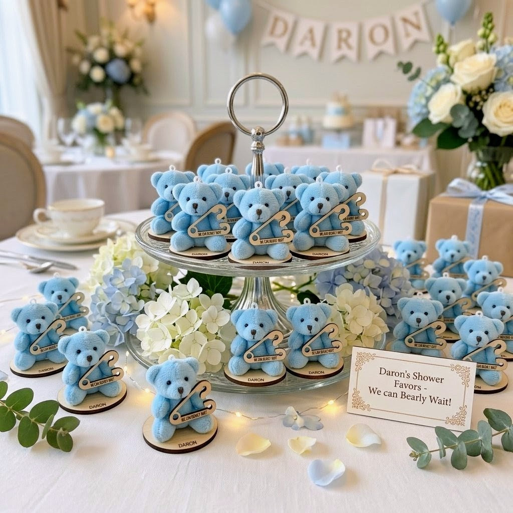 Personalized Teddy Bear Baby Shower Party Favors - 6 pcs - Blue Plush Bear Party Gift with Custom Name & Wooden Base - We Can Bearly Wait
