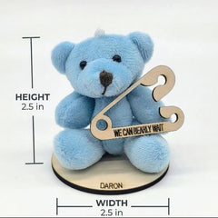 Personalized Teddy Bear Baby Shower Party Favors - 6 pcs - Blue Plush Bear Party Gift with Custom Name & Wooden Base - We Can Bearly Wait