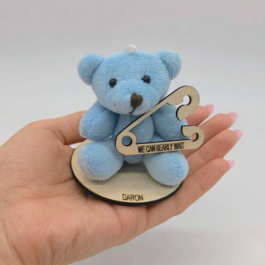 Personalized Teddy Bear Baby Shower Party Favors - 6 pcs - Blue Plush Bear Party Gift with Custom Name & Wooden Base - We Can Bearly Wait