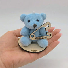 Personalized Teddy Bear Baby Shower Party Favors - 6 pcs - Blue Plush Bear Party Gift with Custom Name & Wooden Base - We Can Bearly Wait