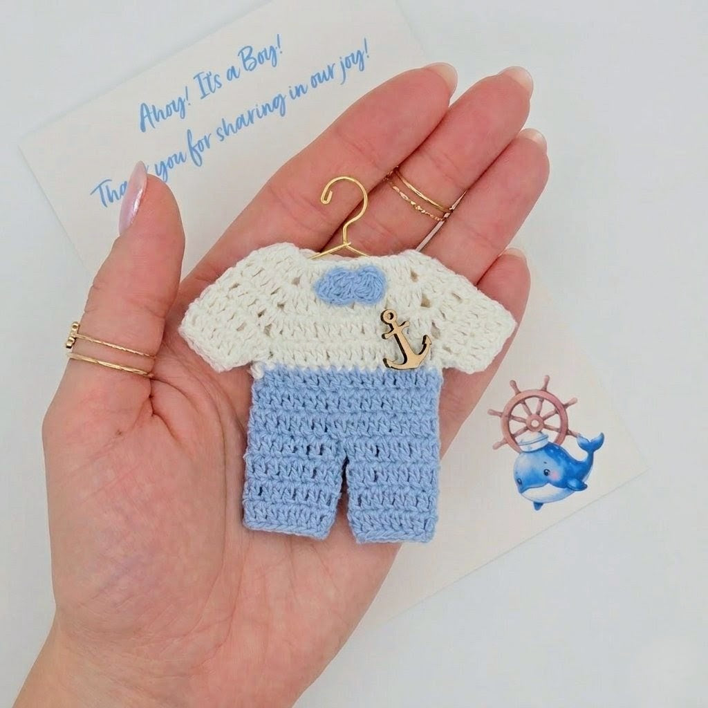 Personalized Sailor Theme Baby Shower Party Favors - Tiny Crochet Onesie Party Gift for Nautical Boy Baby Shower (Set of 6) Ahoy It’s a Boy!