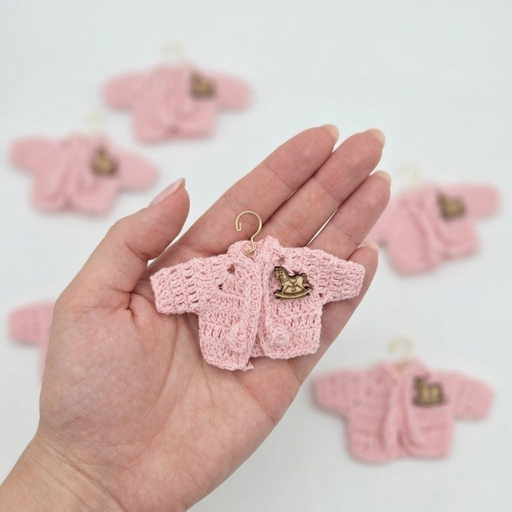 Set of 6 Mini Crochet Baby Shower Favors - Pink Tiny Party Gifts - Jacket Keepsakes with Rocking Horse Charm & Gold Hanger Options