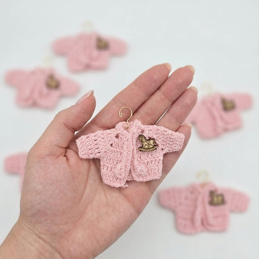 Set of 6 Mini Crochet Baby Shower Favors - Pink Tiny Party Gifts - Jacket Keepsakes with Rocking Horse Charm & Gold Hanger Options