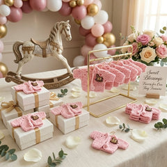 Set of 6 Mini Crochet Baby Shower Favors - Pink Tiny Party Gifts - Jacket Keepsakes with Rocking Horse Charm & Gold Hanger Options