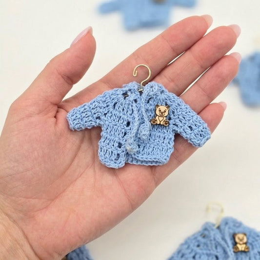 6pc Baby Blue Mini Crochet Jacket Party Gift & Party Favors with Teddy Bear Charms for Baby Shower, Baptism, Gender Reveal