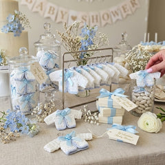 Handmade Tiny Crochet Baby Blue Party Favors – 6pc Mini Sweater Party Gift Set for Baby Showers, Baptism & Gender Reveal