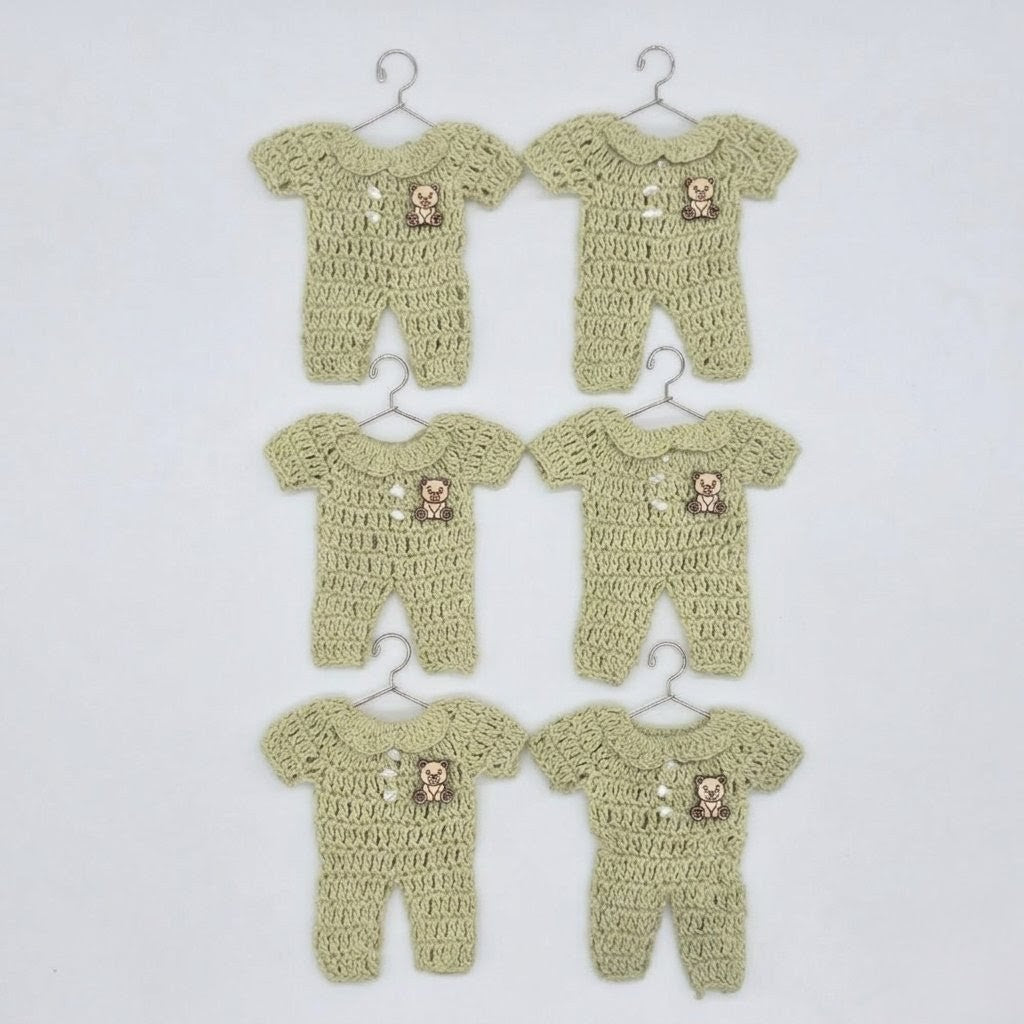 Mini Crochet Sage Green Onesie Baby Shower Favors - Set of 6 Teddy Bear Charm Crochet Party Gifts with Hanger and Rack Options - Party Favor