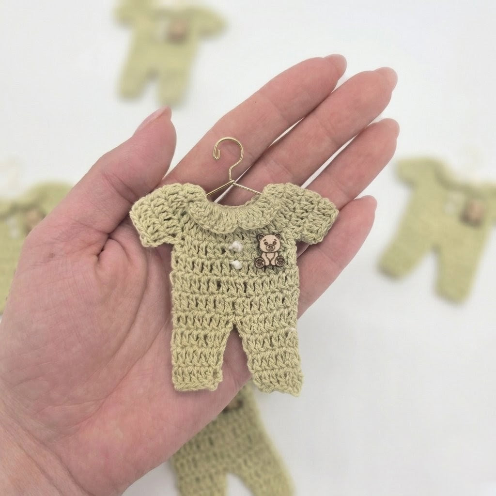 Mini Crochet Sage Green Onesie Baby Shower Favors - Set of 6 Teddy Bear Charm Crochet Party Gifts with Hanger and Rack Options - Party Favor