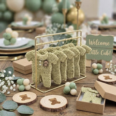 Mini Crochet Sage Green Onesie Baby Shower Favors - Set of 6 Teddy Bear Charm Crochet Party Gifts with Hanger and Rack Options - Party Favor