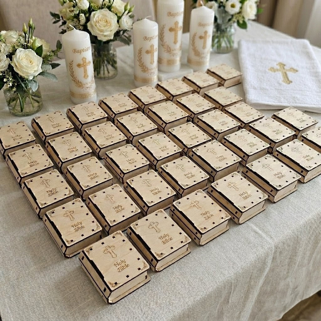 Holy Bible Laser Engraved Wood Favor Box Party Favor 12pk - Baptism Christening Communion Party Gift & Keepsake