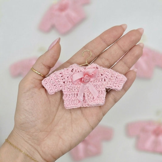 6pc Mini Pink Crochet Jacket Party Favor - Tiny Sweater Party Gift for Baby Shower & Reveal | With Gold or Rose Gold Hangers & Rack