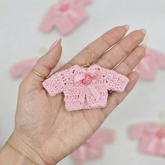 6pc Mini Pink Crochet Jacket Party Favor - Tiny Sweater Party Gift for Baby Shower & Reveal | With Gold or Rose Gold Hangers & Rack
