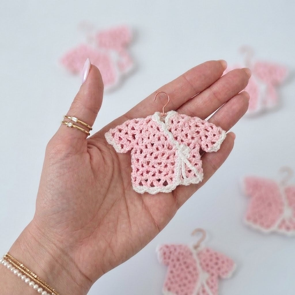 Handmade Mini Crochet Jacket Party Favors | 6pc Pink & White Party Gift Set - Tiny Crochet Favors for Baby Shower Gifts