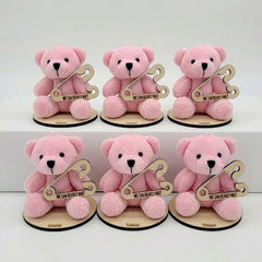 Personalized Pink Teddy Bear Baby Shower Favor – "We Can Bearly Wait" Laser Engraved Wooden Safety Pin, Custom Name Girl Baby Shower Keepsake