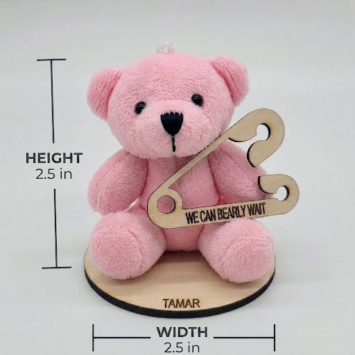 Personalized Pink Teddy Bear Baby Shower Favor – "We Can Bearly Wait" Laser Engraved Wooden Safety Pin, Custom Name Girl Baby Shower Keepsake