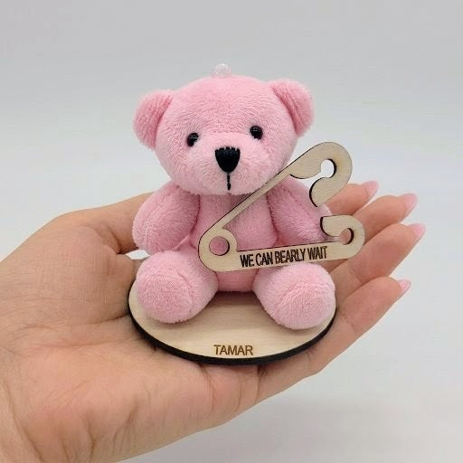 Personalized Pink Teddy Bear Baby Shower Favor – "We Can Bearly Wait" Laser Engraved Wooden Safety Pin, Custom Name Girl Baby Shower Keepsake