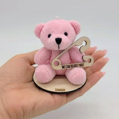 Personalized Pink Teddy Bear Baby Shower Favor – "We Can Bearly Wait" Laser Engraved Wooden Safety Pin, Custom Name Girl Baby Shower Keepsake
