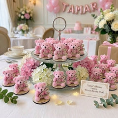 Personalized Pink Teddy Bear Baby Shower Favor – "We Can Bearly Wait" Laser Engraved Wooden Safety Pin, Custom Name Girl Baby Shower Keepsake