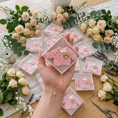 Set of 12 Personalized Pink Crochet Mini Jacket Party Favor & Party Gift Boxes - With Custom Wood Heart Charm For Baby Shower & Baptism
