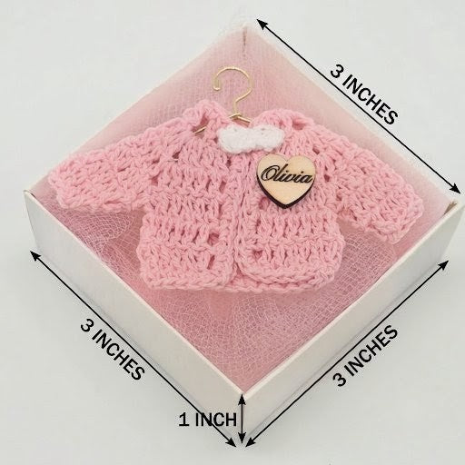 Set of 12 Personalized Pink Crochet Mini Jacket Party Favor & Party Gift Boxes - With Custom Wood Heart Charm For Baby Shower & Baptism