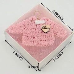 Set of 12 Personalized Pink Crochet Mini Jacket Party Favor & Party Gift Boxes - With Custom Wood Heart Charm For Baby Shower & Baptism