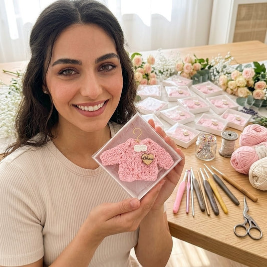 Set of 12 Personalized Pink Crochet Mini Jacket Party Favor & Party Gift Boxes - With Custom Wood Heart Charm For Baby Shower & Baptism