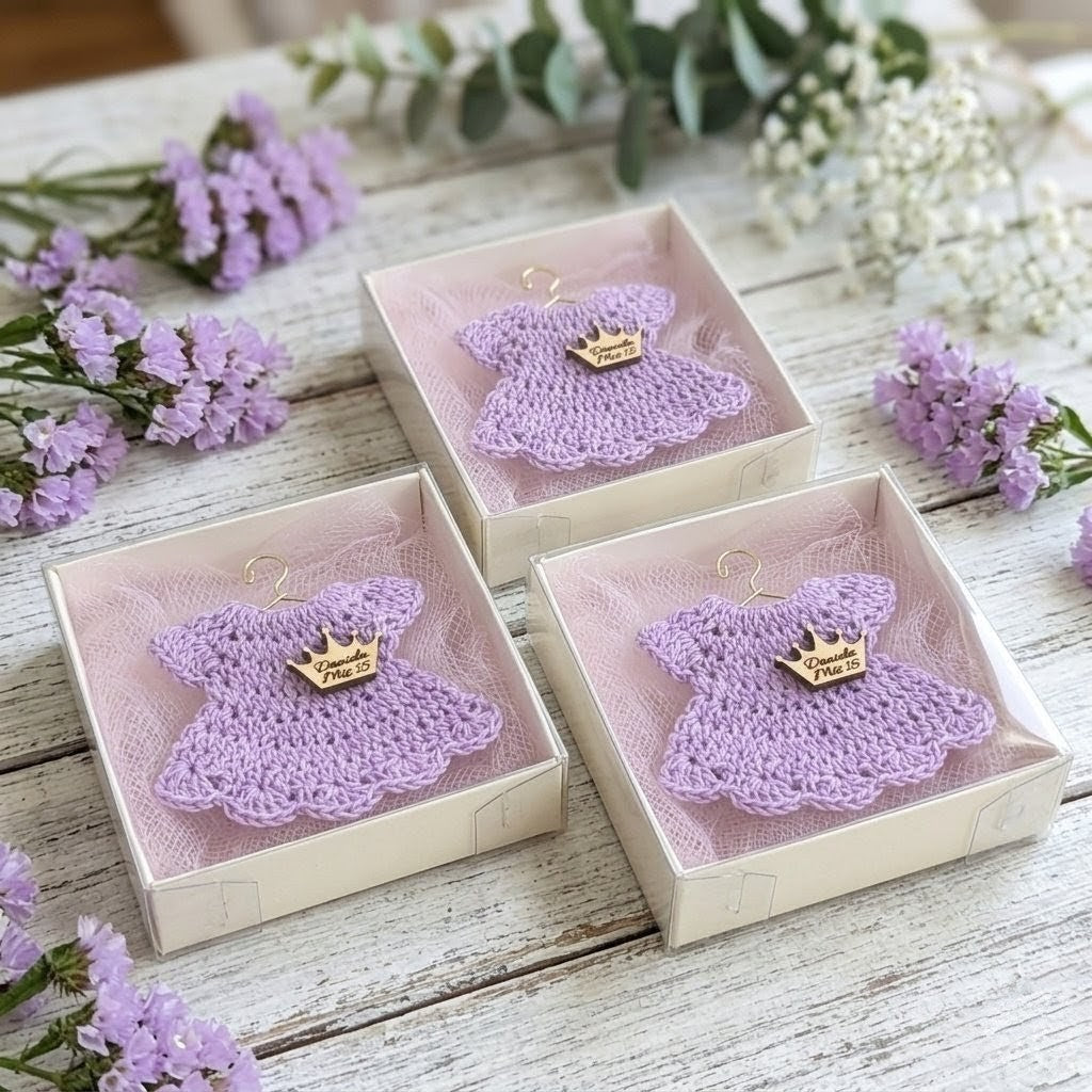 12pc Personalized Lilac Mini Crochet Dress Favors | Quinceañera Mis 15, Baby Shower, Birthday Keepsake Box Set