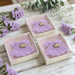12pc Personalized Lilac Mini Crochet Dress Favors | Quinceañera Mis 15, Baby Shower, Birthday Keepsake Box Set