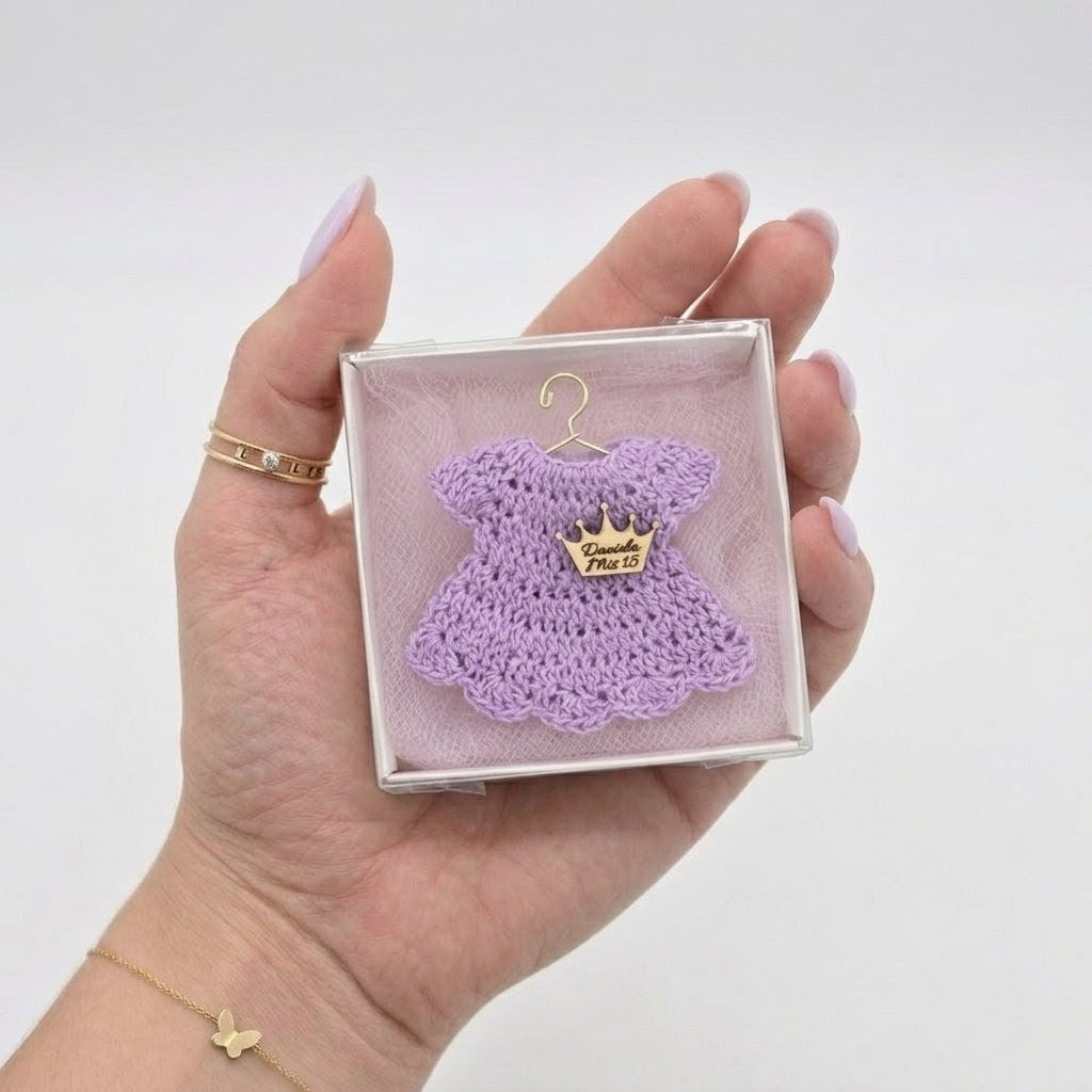 12pc Personalized Lilac Mini Crochet Dress Favors | Quinceañera Mis 15, Baby Shower, Birthday Keepsake Box Set