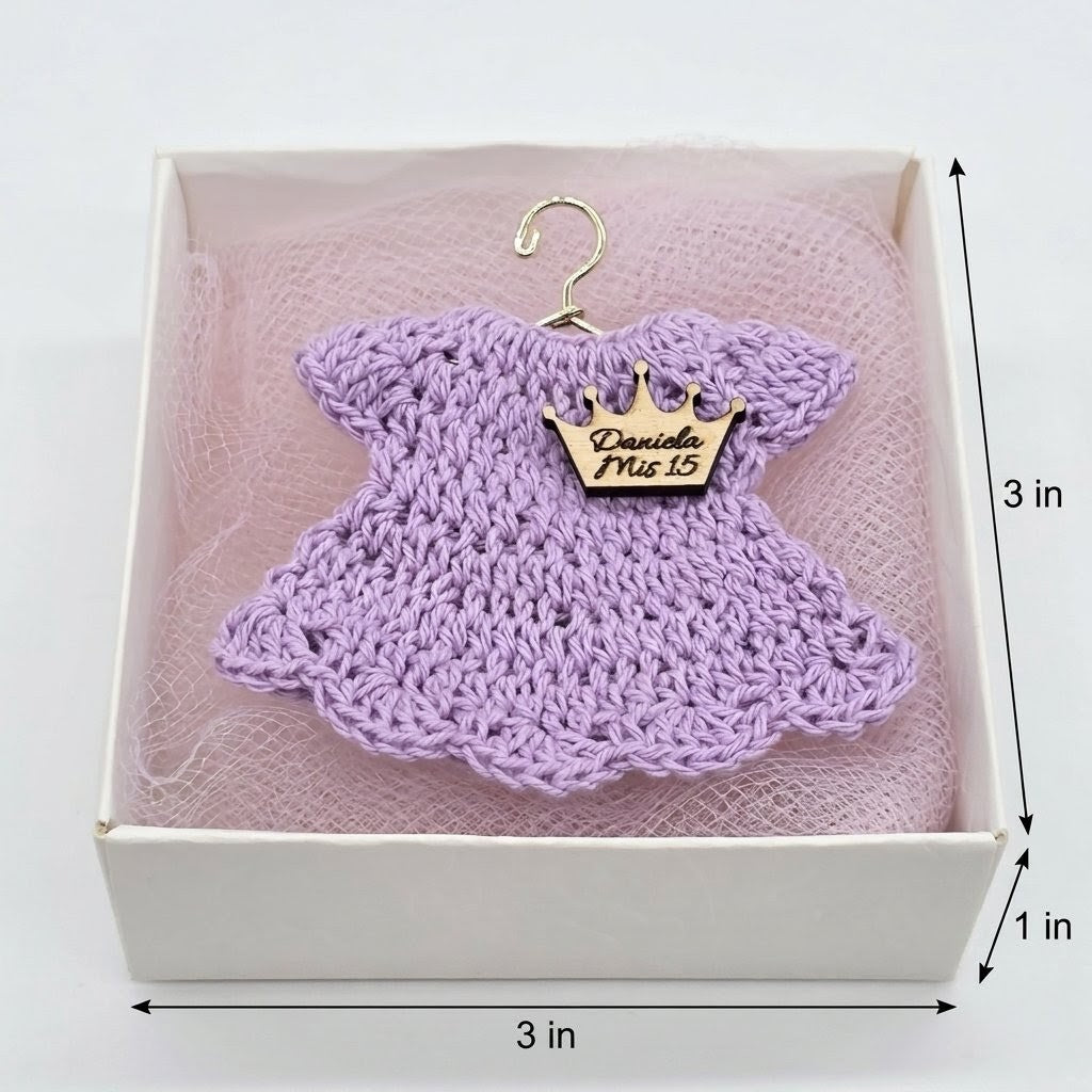 12pc Personalized Lilac Mini Crochet Dress Favors | Quinceañera Mis 15, Baby Shower, Birthday Keepsake Box Set