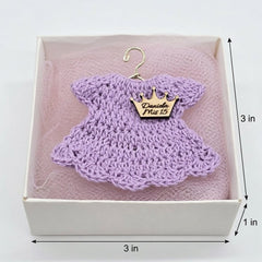 12pc Personalized Lilac Mini Crochet Dress Favors | Quinceañera Mis 15, Baby Shower, Birthday Keepsake Box Set