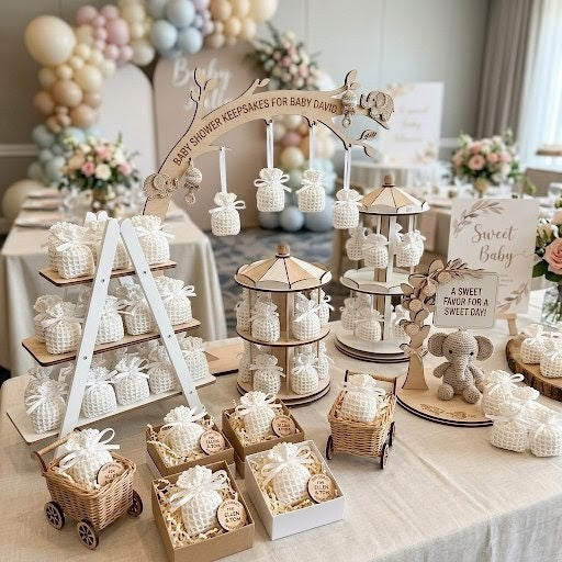 Mini Crochet Favor Bags Set of 6 | Party Favors & Party Gift Bags for Baby Shower, Weddings & Bridal Events - Baby Pink, White, or Baby Blue