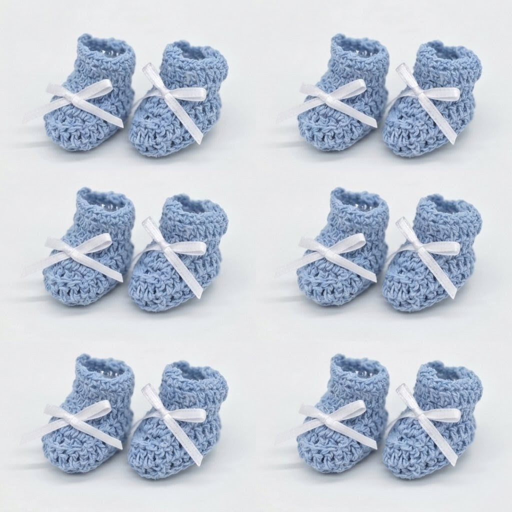 Tiny Baby Blue Crochet Knit Baby Booties Party Gifts with Lace - Baby Booty Party Favors - 6 Pairs