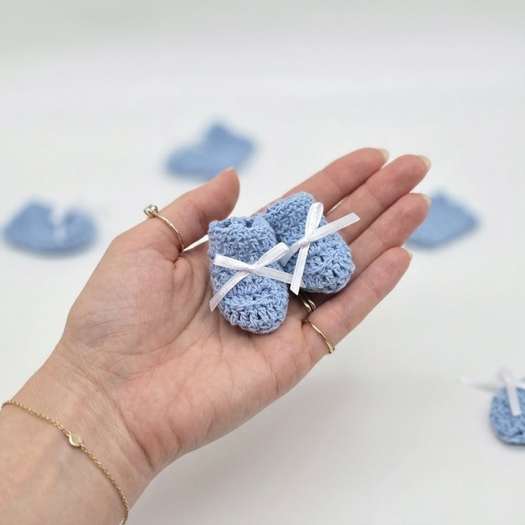 Tiny Baby Blue Crochet Knit Baby Booties Party Gifts with Lace - Baby Booty Party Favors - 6 Pairs