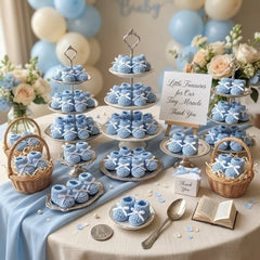 Tiny Baby Blue Crochet Knit Baby Booties Party Gifts with Lace - Baby Booty Party Favors - 6 Pairs