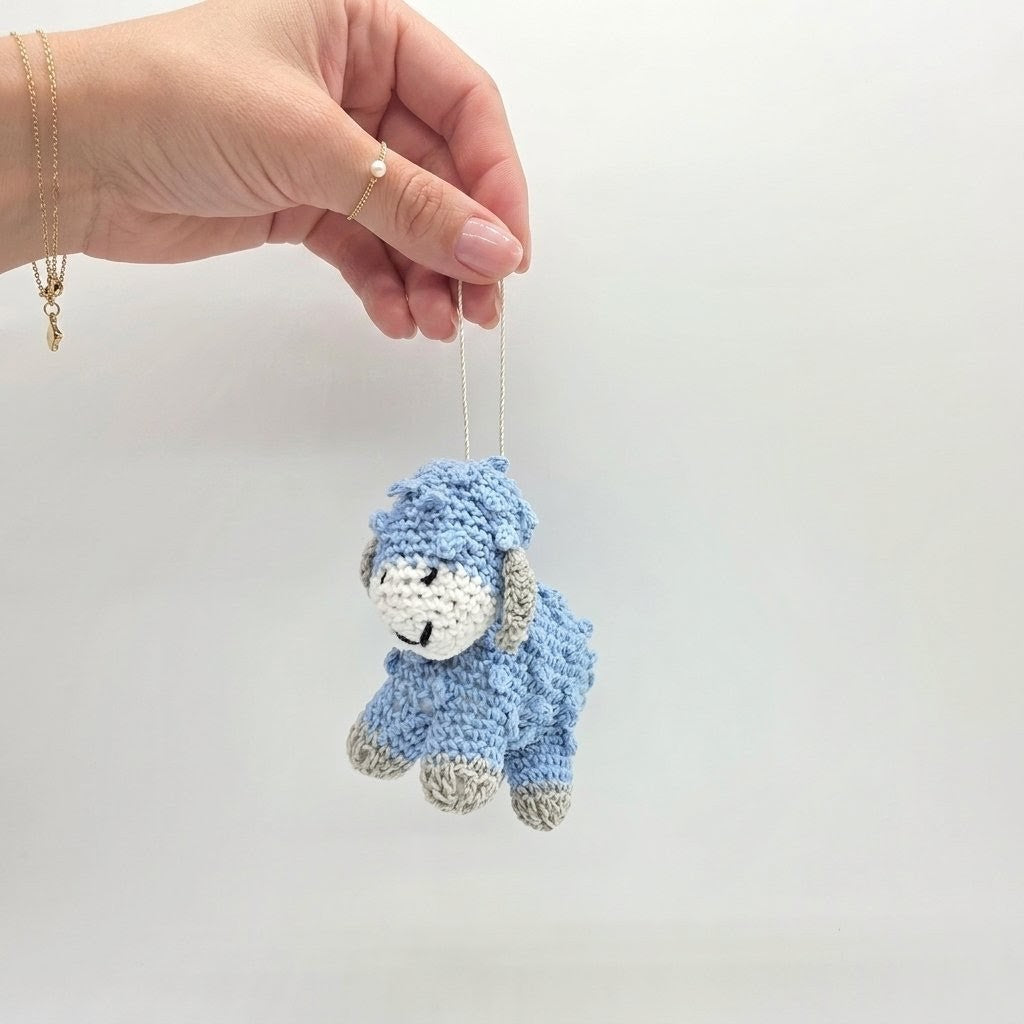 Tiny Blue Crochet Lamb Party Favor - Hanging Sheep Party Gift - Blue Baby Lamb with Drawstring - Set of 6 Crochet Favors