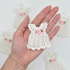 Mini Crochet Dress Favors Set of 6 - White Baby Shower Decor, Christening Decorations, Tiny Crocheted Dress Keepsakes with Hangers/Rack