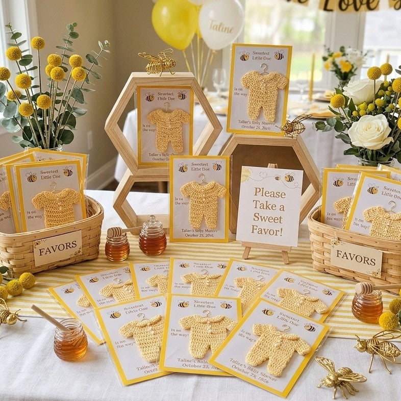 Bee Baby Shower Favors Set of 6 | Mini Crochet Yellow Onesie on 4x6 Custom Card | Personalized Guest Gifts | Gender Neutral Favor